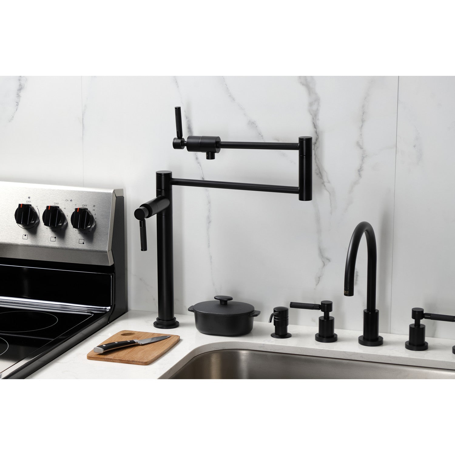 Kingston Sona KS4700DKL - Kaiser Two-Handle 1-Hole Deck Mount Pot Filler Faucet, Matte Black — thumbnail 2